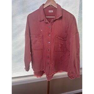 POL Los Angeles Distressed Frayed Hem Denim Jacket Rose Mauve Button‎ Down M